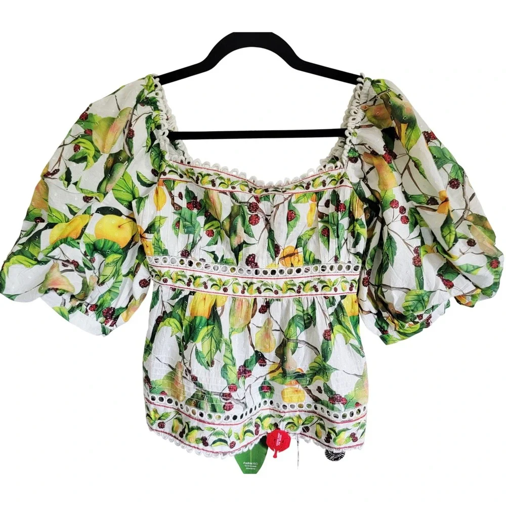 Farm Rio Women's Puff Sleeve Lace Up Back Fruit Orchard Blouse XS NWT‎ RV $165
